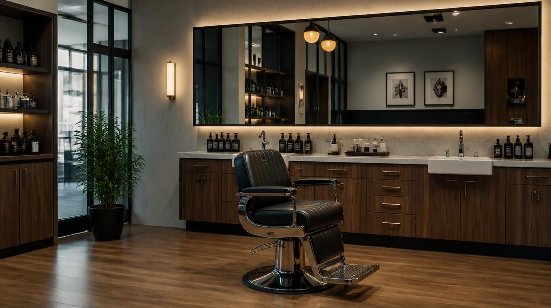 Barbearia contemporânea com cadeira e espelho