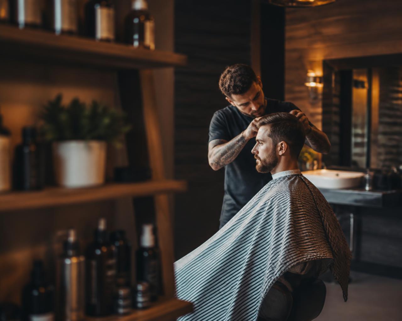 Barbeiro finalizando o corte de um cliente em barbearia contemporânea